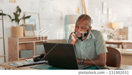Research, laptop and business black man working, planning and in communication in startup on the internet at work. African, worker or employee typing email, website and reading web information 131982031
