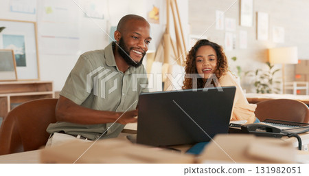 Business people, laptop and planning with connection, cooperation and creative with collaboration. Staff, black man and woman with a pc, conversation and email notification with teamwork and ideas 131982051