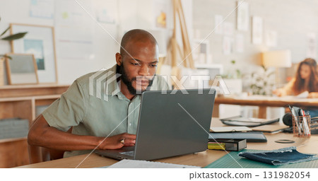 Business, thinking and black man with a laptop, typing and search internet with ideas, brainstorming and network. African person, employee and consultant with a pc, planning and solution with email Business, thinking and black man with a laptop, typing and search internet with ideas, brainstorming and network. African person, employee and consultant with a pc, planning and solution with email 131982054