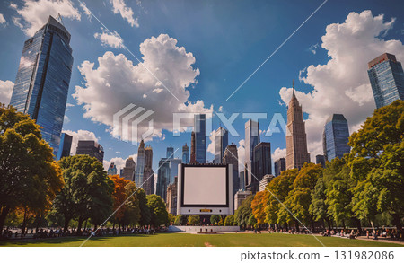 Man with curly hair and glasses is smiling while holding a laptop in a grassy field. Concept of relaxation and leisure, as the man is enjoying the outdoors while working on his laptop 131982086