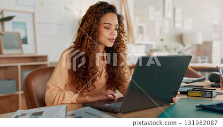 Woman, laptop and creative research in planning, networking or online communication at office. Female person or employee working on computer for startup project plan, strategy or email at workplace 131982087