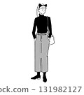 戴著黑貓頭帶的女人的線條插圖（單色，寬鬆的服裝） 131982127