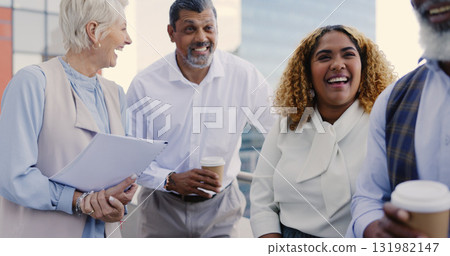 Collaboration, meeting and team of business people on a rooftop on a building in the city. Professional, discussion and group of lawyers with legal document for case on office balcony in town. 131982147