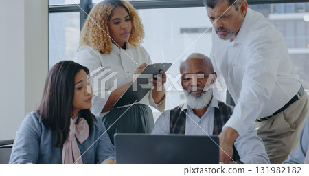 Business people, leader and meeting with a laptop, brainstorming and cooperation with ideas. Staff, manager and employees with a pc, teamwork and collaboration with planning, partnership and internet 131982182