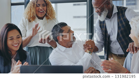 Handshake, stock market or happy business people with success, victory or financial deal in office. Investment, applause or excited team in celebration of online target, profit growth or winning goal 131982195