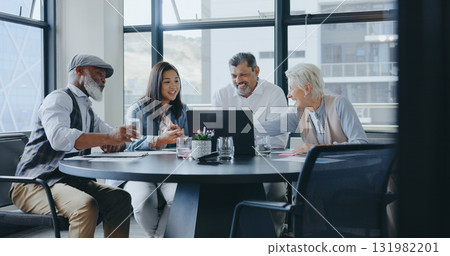 Business people, manager and meeting with a laptop in office, planning and cooperation with collaboration. Staff, teamwork and employees for idea or diversity with connection, partnership or internet 131982201