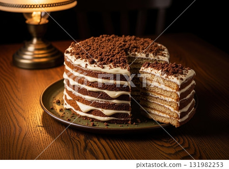 Homemade layered honey cake with cream cheese frosting and a cut slice on a wooden table 131982253