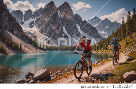 Man is riding a bike through a forest. The sun is shining through the trees, creating a warm and inviting atmosphere. The man is wearing a helmet and a backpack, suggesting that he is on a longer 131982254