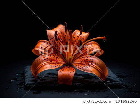 Beautiful single orange tiger lily flower with water drops on a wet slate stone in the dark 131982260