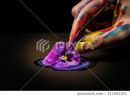 Artist's hand covered in paint gently placing a purple pansy flower on a wet paint stroke 131982261