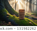 Traditional Trdelnik chimney cake in a magical foggy forest with beautiful morning sunlight 131982262