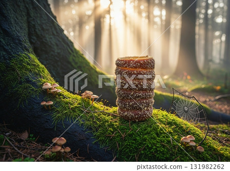 Traditional Trdelnik chimney cake in a magical foggy forest with beautiful morning sunlight 131982262