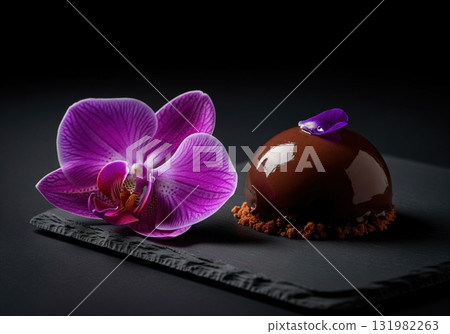 Gourmet chocolate mousse dessert with a mirror glaze and a fresh orchid flower on a slate plate 131982263