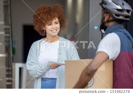 Black woman, ecommerce and smile for delivery box, cargo service and online purchase or order at door. Happy African American female customer smiling with papers for package, deliver or shipment Black woman, ecommerce and smile for delivery box, cargo service and online purchase or order at door. Happy African American female customer smiling with papers for package, deliver or shipment 131982278