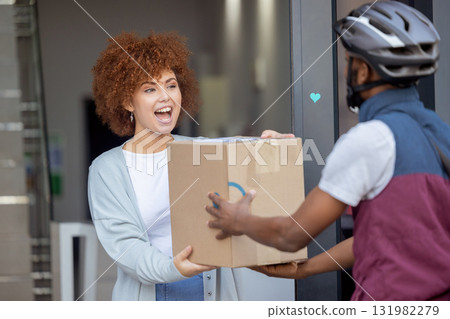 Black woman, ecommerce and excited for delivery box, support or service and online purchase or order at door. Happy African American female customer in surprise for package, deliver or shipment 131982279