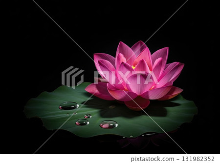 Beautiful pink lotus flower with water drops on a green leaf isolated on a black background 131982352