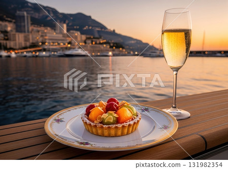 Fruit tartlet and a glass of champagne on a table with a beautiful coastal city at sunset 131982354