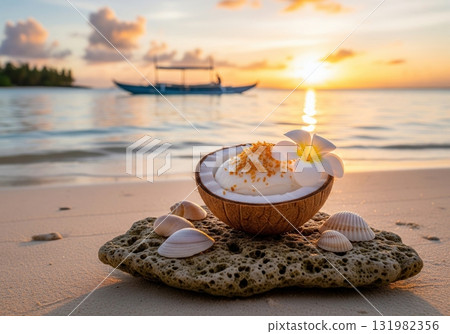 Nauruan coconut pudding in a coconut shell on a tropical beach with a beautiful sunset 131982356