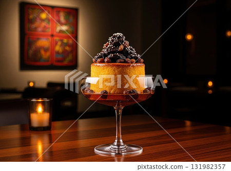 Panamanian sopa borracha a rum soaked sponge cake with raisins and prunes in a coupe glass 131982357