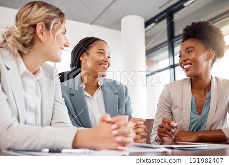 Business, women and meeting for brainstorming, teamwork and discussion for new project, deadline and schedule. Diversity, female employees and coworkers in workplace, conversation and share ideas 131982407