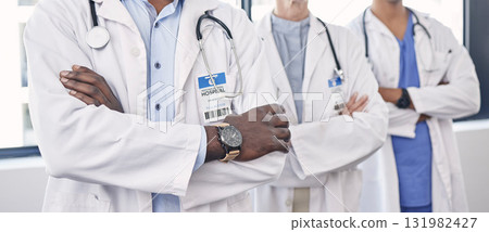 Teamwork, arms crossed and medical with hands of doctors for medicine, leadership or professional. Wellness, healthcare and trust with group of people in hospital for expert, confidence or consulting 131982427