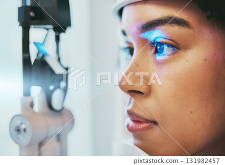 Optometry, medical and eye exam with black woman and consulting for vision, healthcare and glaucoma check. Laser, light and innovation with face of patient and machine for scanning and ophthalmology Optometry, medical and eye exam with black woman and consulting for vision, healthcare and glaucoma check. Laser, light and innovation with face of patient and machine for scanning and ophthalmology 131982457