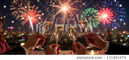 New Year Celebration With Champagne And Fireworks 131982474