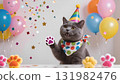 Festive pet costume party, colorful accessories, confetti explosion, smiling animal, birthday hat, patterned bandana, balloon background, paw decorations 131982476