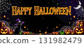 Happy Halloween banner, black cat, glowing jack-o-lanterns, witch hat, cobwebs, falling leaves, crescent moon, neon orange and green accents 131982479