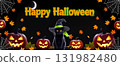 Happy Halloween banner, black cat, glowing jack-o-lanterns, witch hat, cobwebs, falling leaves, crescent moon, neon orange and green accents 131982480