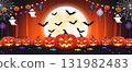 Happy Halloween banner, pumpkins, bats, full moon, spiderwebs, candy, orange and black colors, festive decorations, spooky atmosphere 131982483