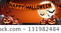 Happy Halloween banner, pumpkins, bats, full moon, spiderwebs, candy, orange and black colors, festive decorations, spooky atmosphere 131982484