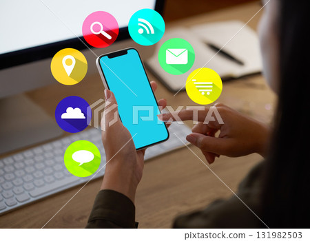 Phone app hologram, mockup green screen or hands in office for social media, networking or reading blog news. Scroll or developer girl on smartphone content search, notification or futuristic icon 131982503