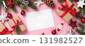 Happy Christmas banner with decorations background 131982527