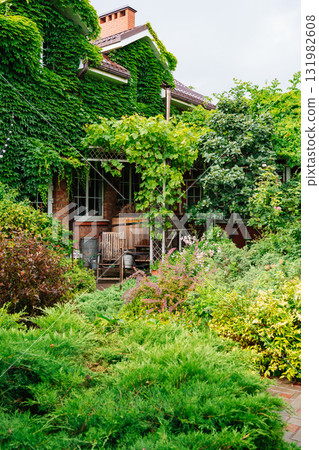a house and a courtyard of a country house, braided with greenery. a house and a courtyard of a country house, braided with greenery. 131982608