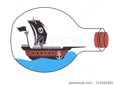 pirate ship sailing on blue waves inside clear bottle graphic sail with skull and crossbones flag themes of adventure freedom exploration on high seas 131982805