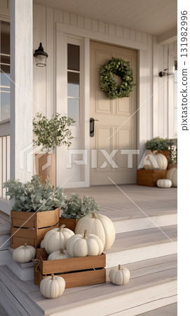 Cozy farmhouse porch decorated with white pumpkins, green wreath, and wooden crates Cozy farmhouse porch decorated with white pumpkins, green wreath, and wooden crates 131982996
