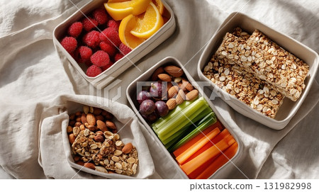 Healthy snack assortment with fruits, nuts, granola bars, and vegetable sticks in fabric containers Healthy snack assortment with fruits, nuts, granola bars, and vegetable sticks in fabric containers 131982998