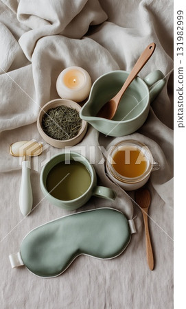 Flat lay of herbal tea set with candle, sleep mask, jade roller, and wooden spoons on soft linen 131982999