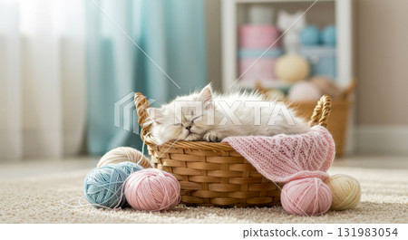 Fluffy white kitten sleeping soundly in a wicker basket, surrounded by pastel yarn balls. Cozy hobby and relaxation scene. 131983054
