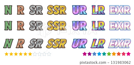 Card game rarity character set (N to EXR) glitter, diagonal display, with stars / rarity icon collection 131983062