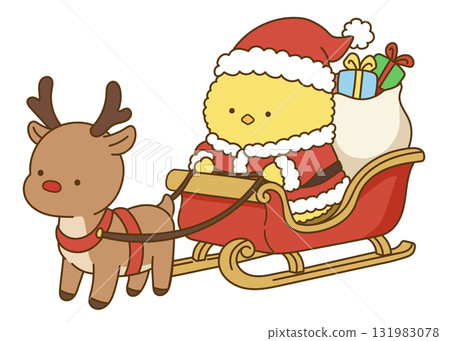 Chick Santa riding a reindeer sleigh and delivering presents Chick Santa riding a reindeer sleigh and delivering presents 131983078