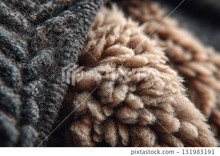 Close-up of dark and light animal wool products. The texture of the wool product. Close-up of dark and light animal wool products. The texture of the wool product. 131983191