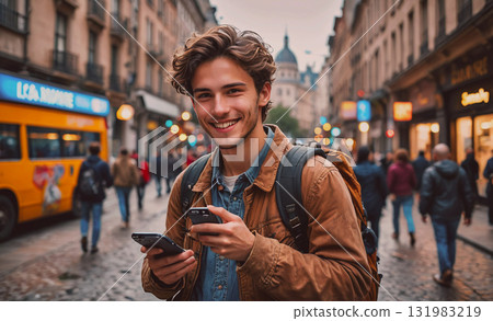 Boy is walking through a forest with a backpack on. The sunlight is shining through the trees, creating a peaceful and serene atmosphere 131983219