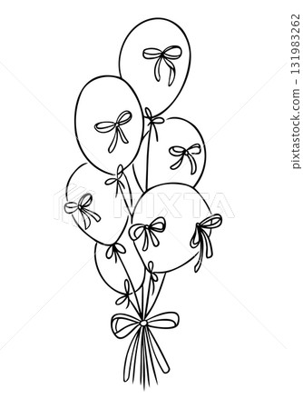 Hand drawn bunch of balloons with decorative bows tied together in elegant outline style Hand drawn bunch of balloons with decorative bows tied together in elegant outline style 131983262