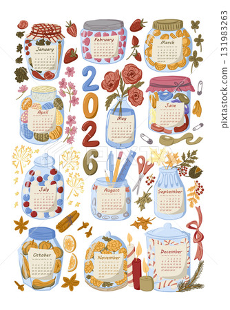 Hand drawn 2026 calendar design with decorative jars filled with seasonal elements for each month in cozy style 131983263