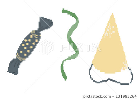 Pixel art illustration of a wrapped candy, ribbon, and party hat in festive colors, designed in retro Pixel art illustration of a wrapped candy, ribbon, and party hat in festive colors, designed in retro 131983264
