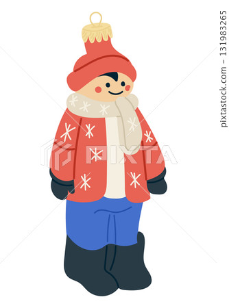 Hand drawn vintage style Christmas toy in shape of a child wearing winter clothes and hat Hand drawn vintage style Christmas toy in shape of a child wearing winter clothes and hat 131983265