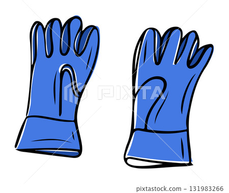 Hand drawn illustration of blue gardening gloves in simple sketch style with bold outlines Hand drawn illustration of blue gardening gloves in simple sketch style with bold outlines 131983266