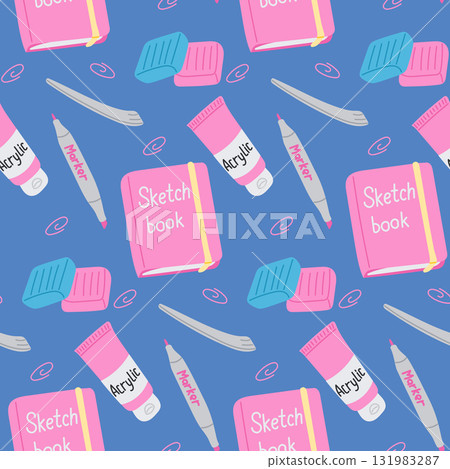 Seamless pattern with sketchbooks, markers, erasers, and paint tubes on blue background, hand drawn in cute style Seamless pattern with sketchbooks, markers, erasers, and paint tubes on blue background, hand drawn in cute style 131983287
